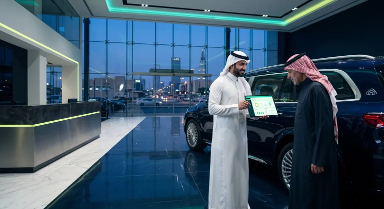 موظف يعرض بيانات على جهاز لوحي داخل معرض سيارات