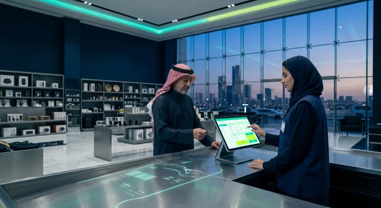 بائع وعميلة عند نقطة البيع داخل متجر