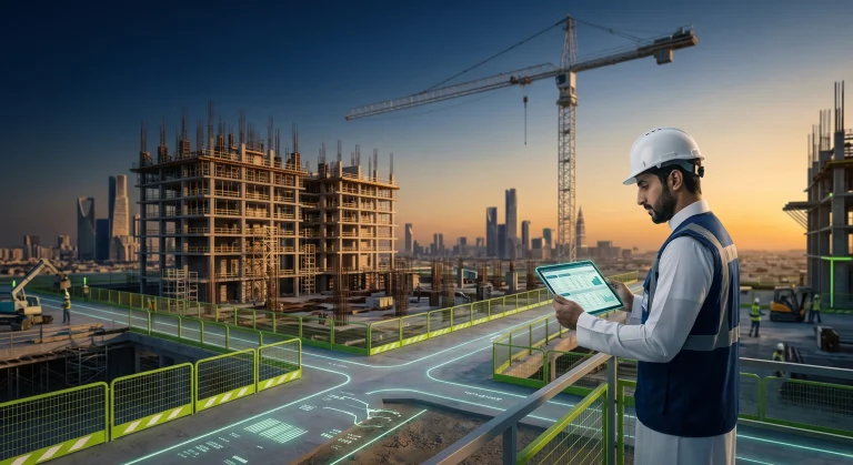 مهندس بخوذة يستخدم جهازًا لوحيًا في موقع بناء