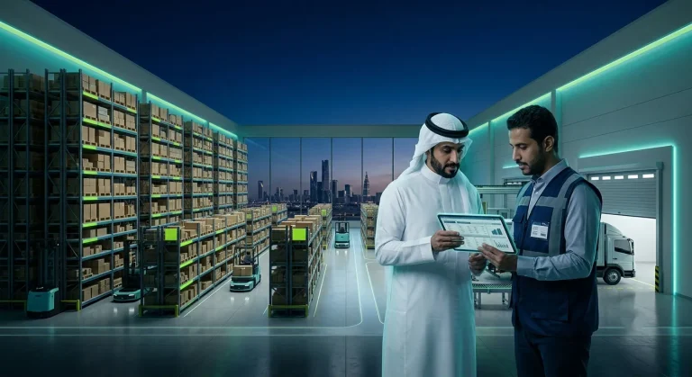 موظفان يراجعان المخزون على جهاز لوحي داخل مستودع