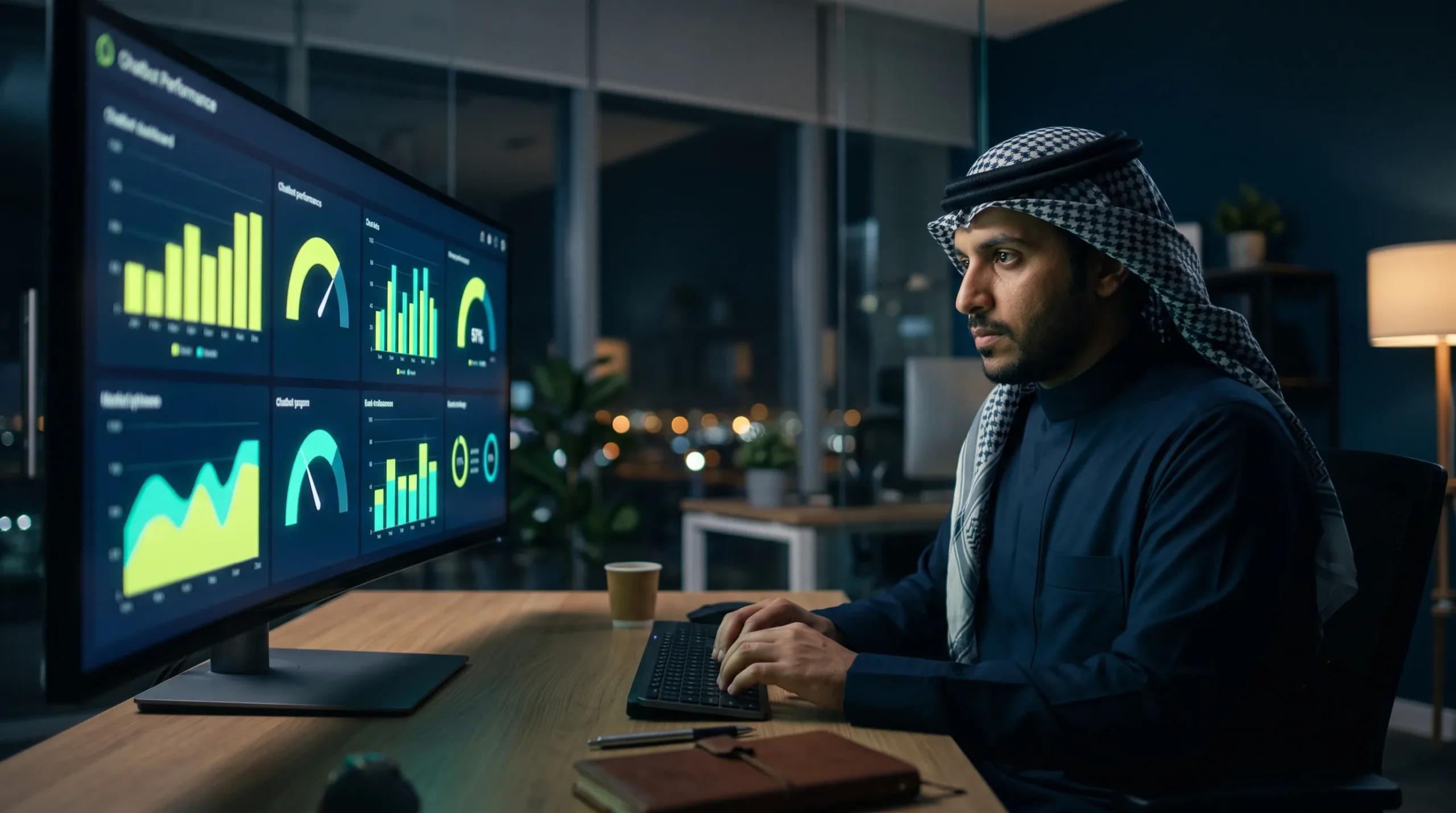 رجل سعودي يراجع لوحات المؤشرات على شاشة المكتب