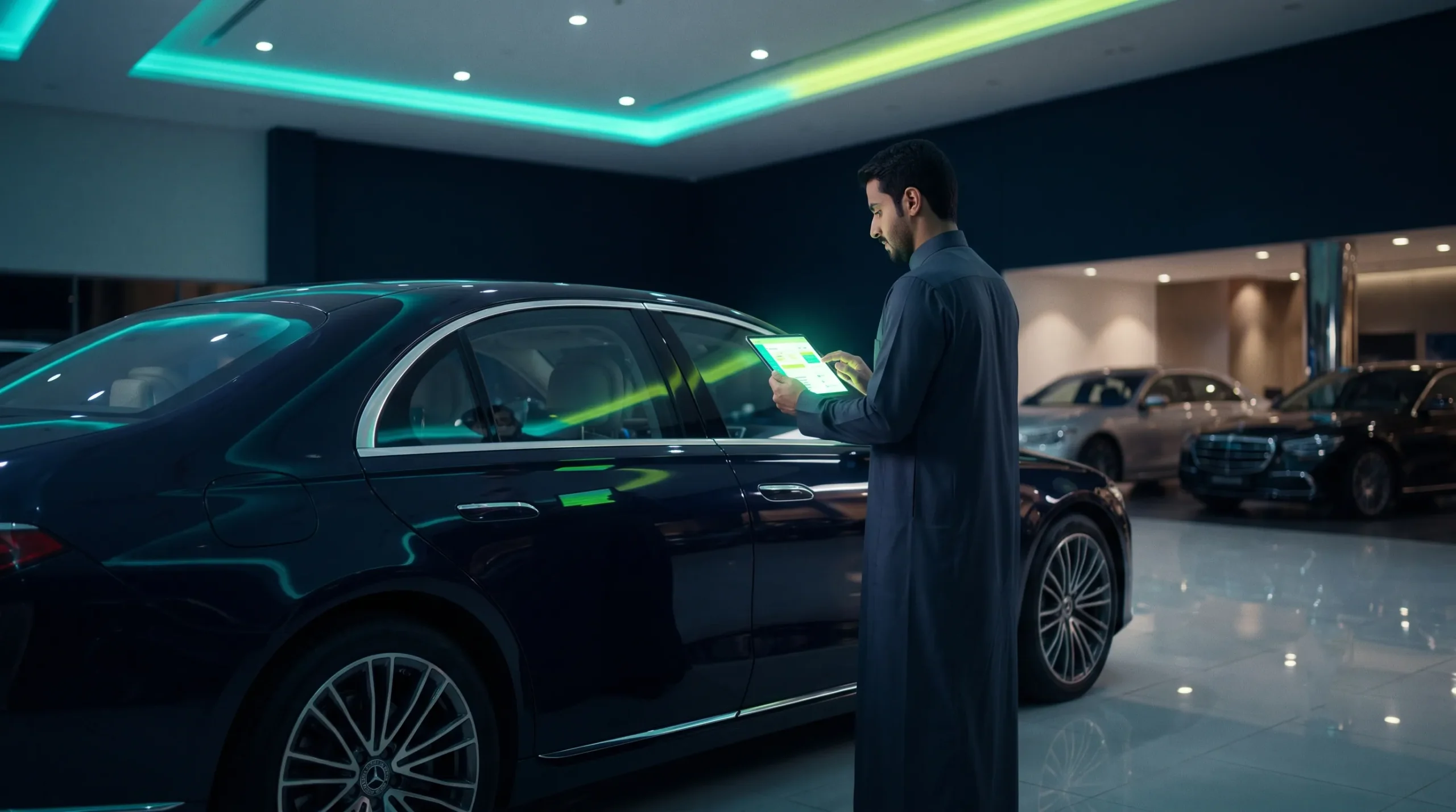 رجل يحمل جهازًا لوحيًا بجوار سيارة داخل معرض