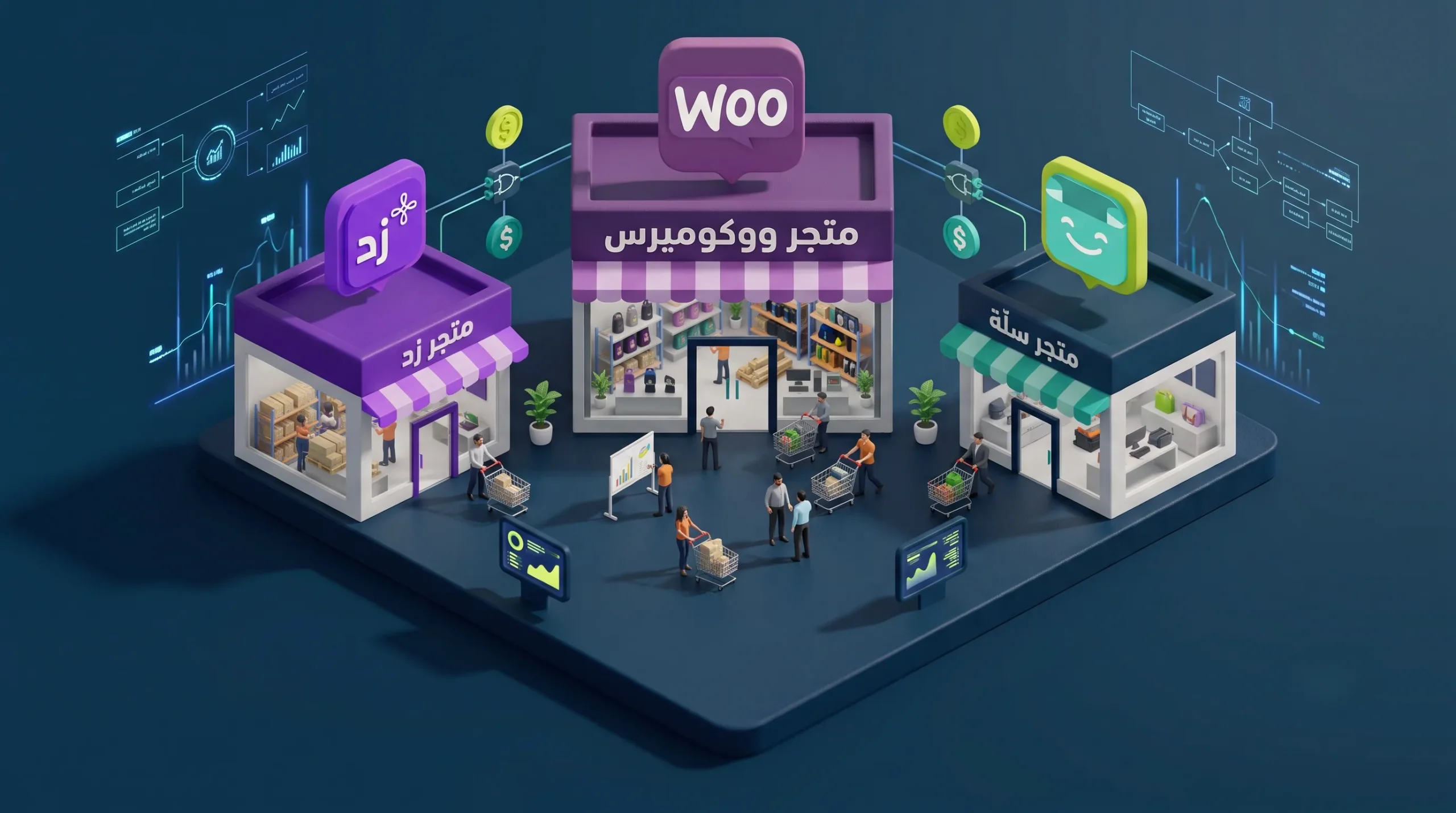 مجسم لثلاثة متاجر يمثل منصات زد وووكوميرس وسلة