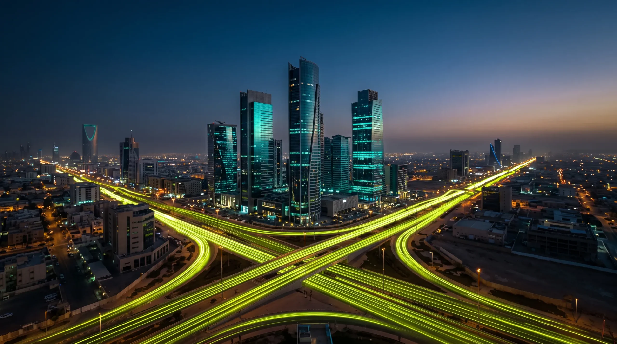 تقاطع طرق مضيء أمام أفق مدينة الرياض عند الغروب