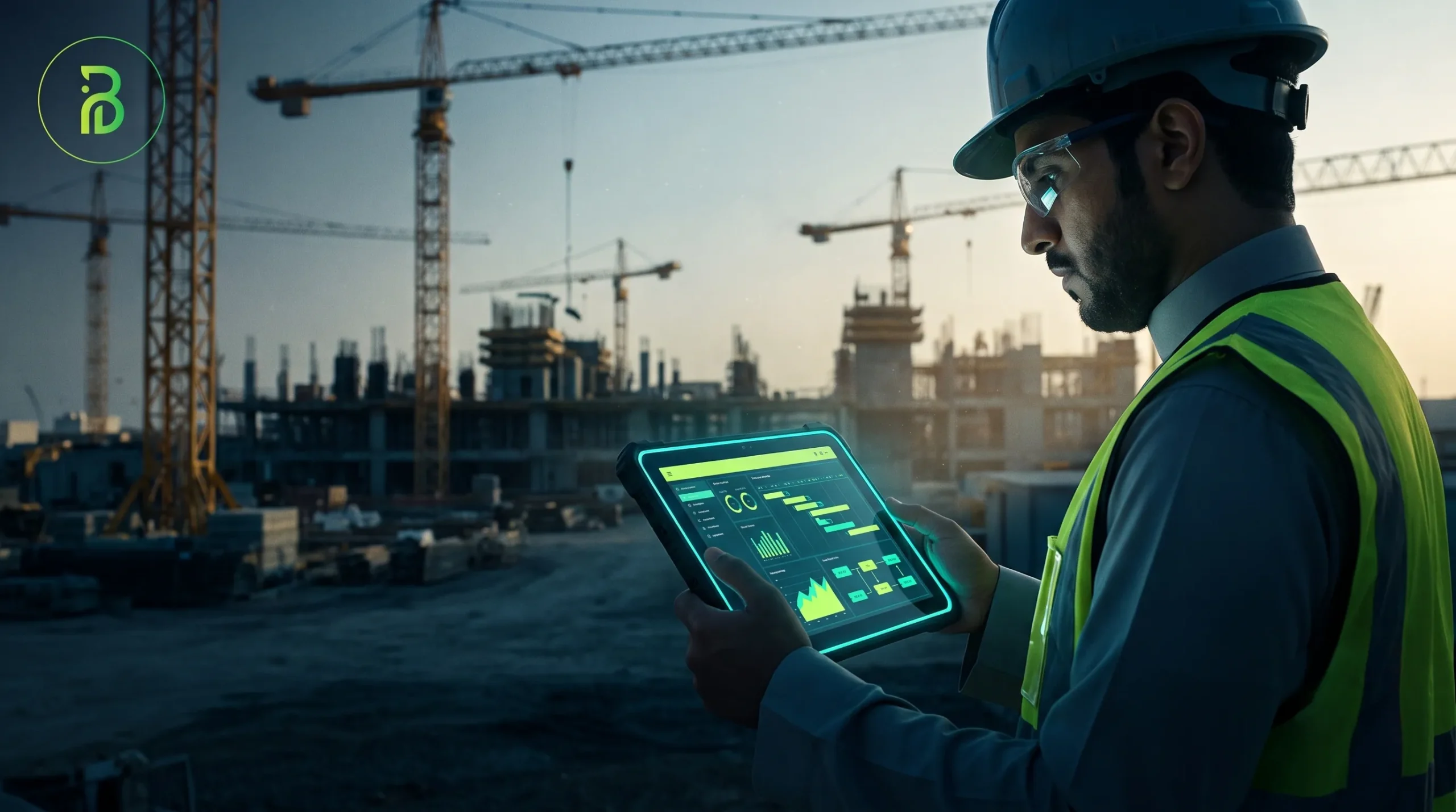 مهندس بخوذة يستخدم جهازًا لوحيًا في موقع إنشاءات
