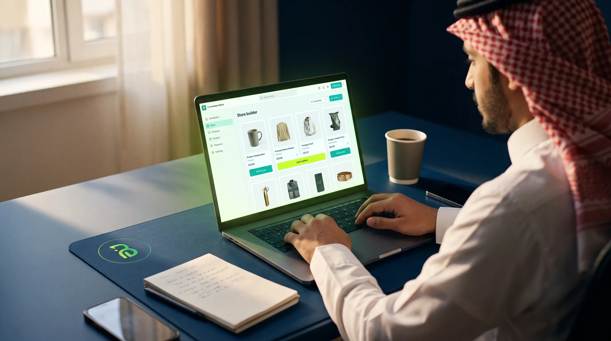 رجل سعودي يدير كتالوج منتجات على حاسوب محمول