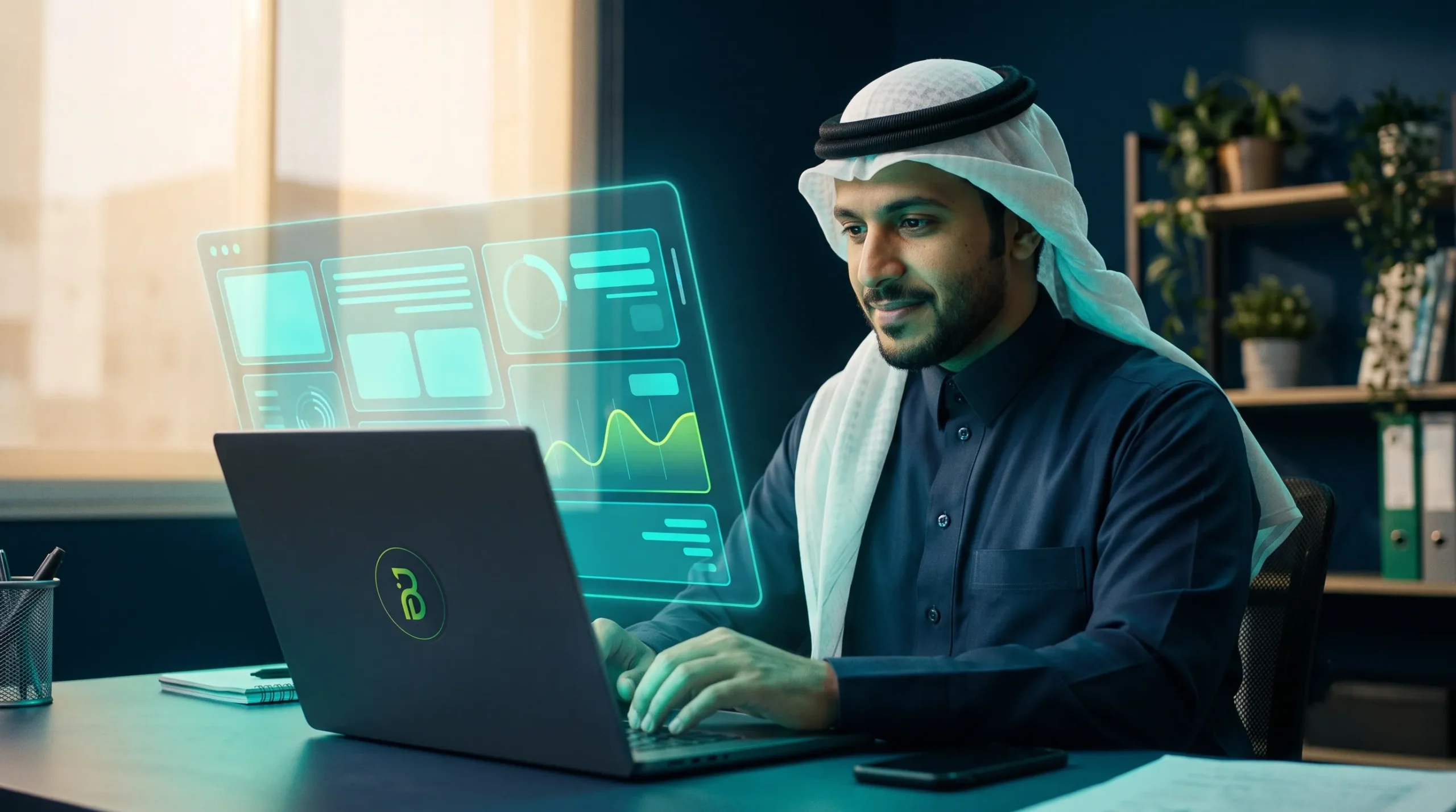 رجل سعودي يعمل على حاسوب محمول تحيط به لوحات بيانات