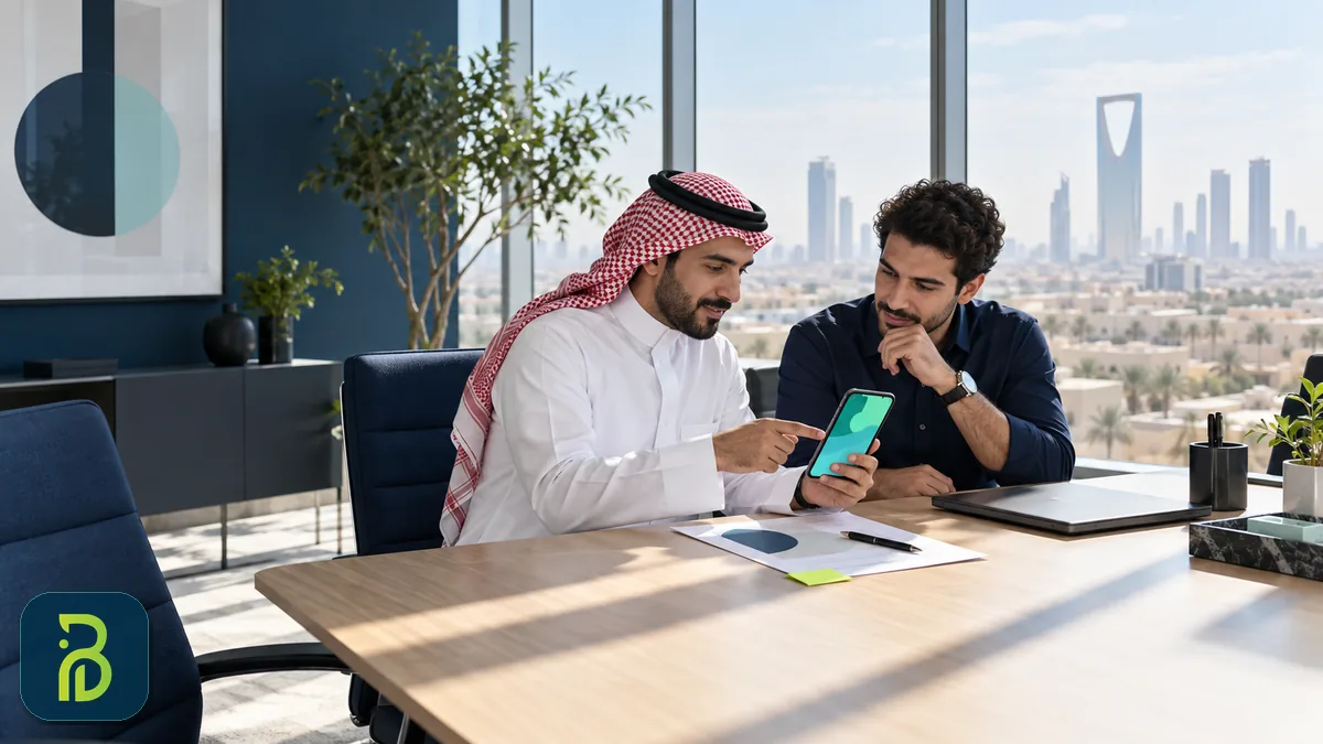 صاحب مشروع سعودي يراجع تصميم تطبيق على الجوال مع مطوّر في مكتب بالرياض - اختيار شركة برمجة تطبيقات في الرياض