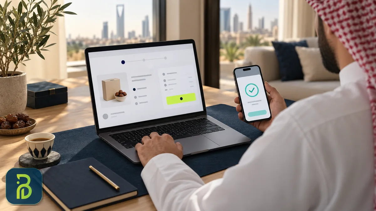 تاجر سعودي يؤكد الدفع بالجوال أمام صفحة الدفع في متجره - تفعيل Apple Pay للمتاجر الالكترونية مع مدى
