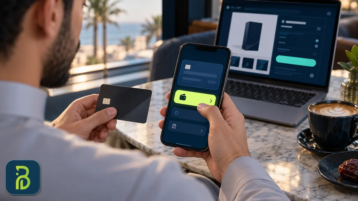 عميل يدفع بالجوال عبر Apple Pay ومدى في صفحة دفع متجر إلكتروني سعودي